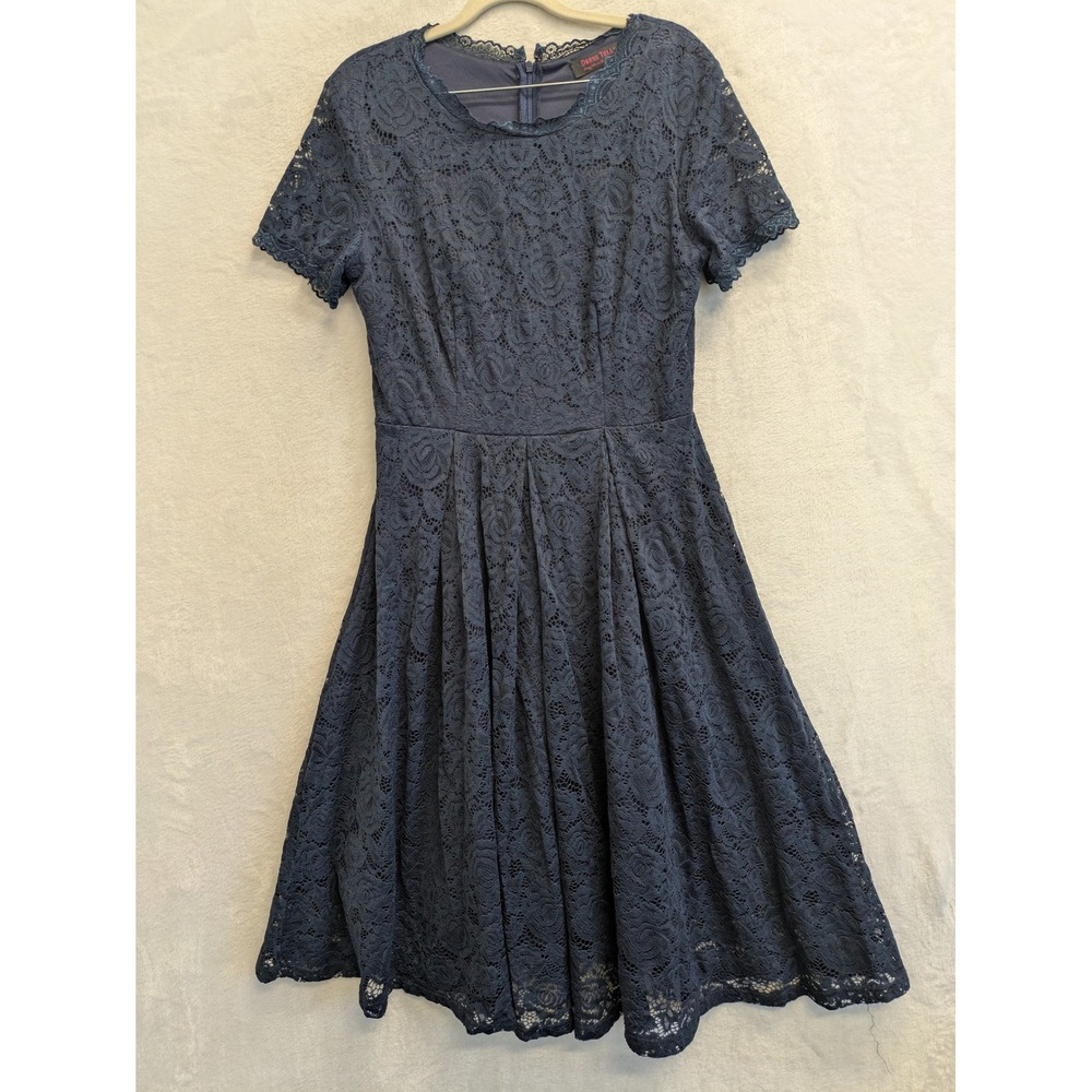 Dress Tells Navy Blue Lace‎ Fit Flare Midi Dress Short Sleeve Size L